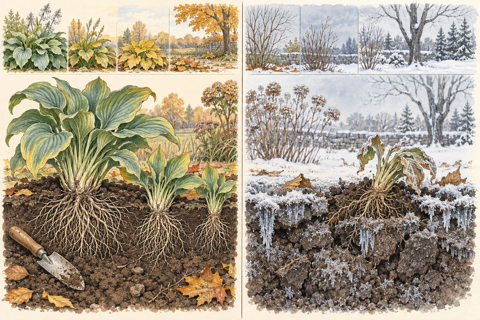 Illustrated contrast between a workable autumn hosta planting site and a frozen site with exposed roots