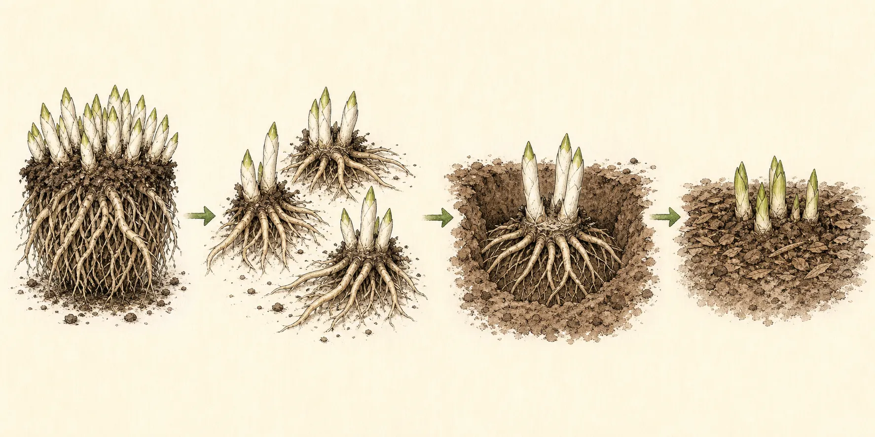 Four-stage sequence showing a hosta clump lifted at the eye stage, separated into rooted crown pieces, and replanted