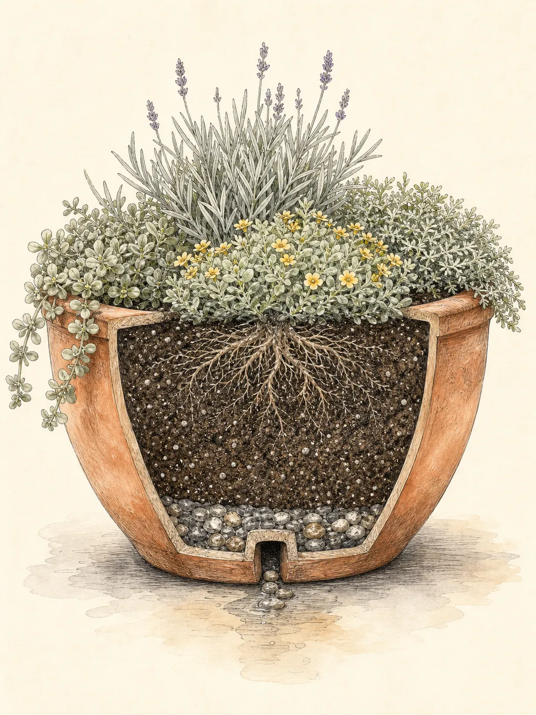 Wide heavy container cutaway with generous potting mix, open drainage, firm roots and a low planting canopy