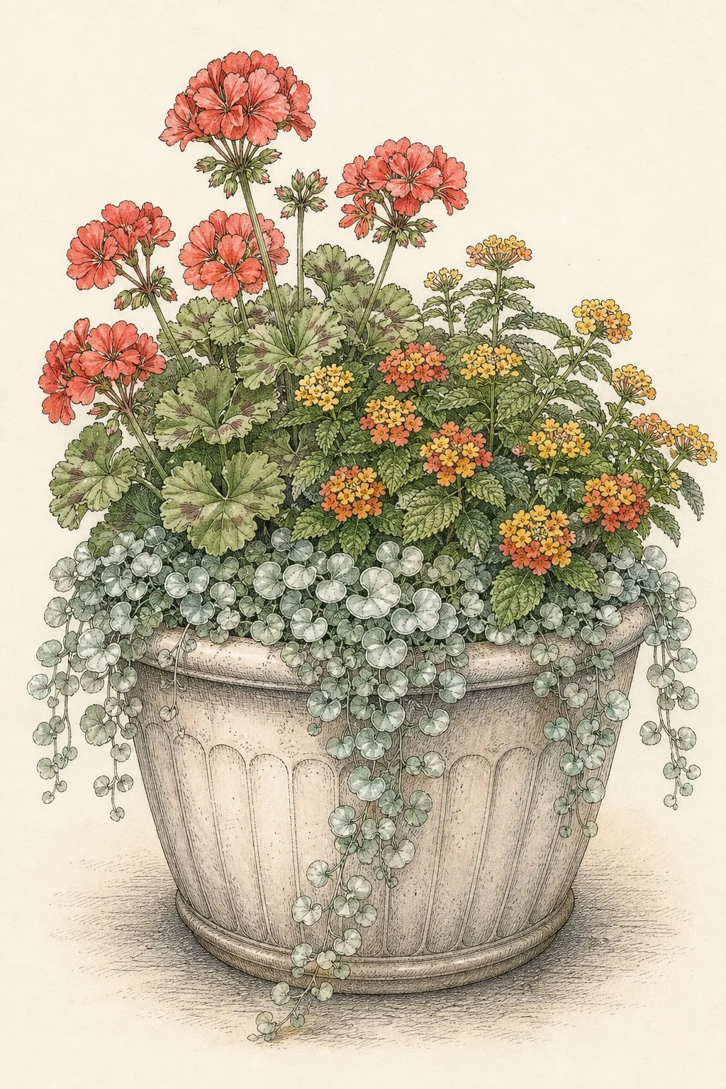 Compact flowering container combining pelargonium, lantana and trailing silver foliage in a low balanced canopy