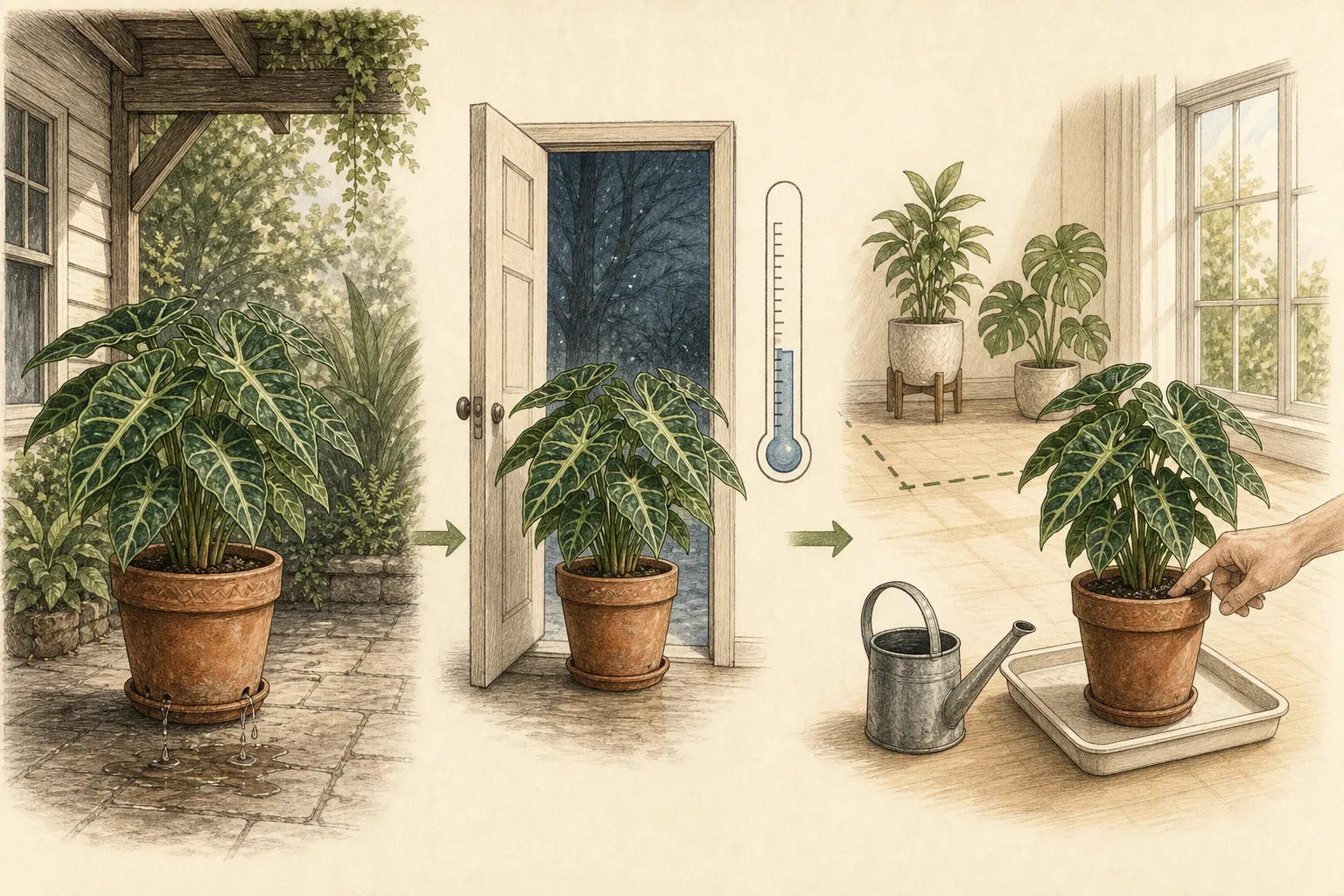 A tropical foliage plant moves from a shaded porch through a doorway to a bright indoor tray separated from established houseplants