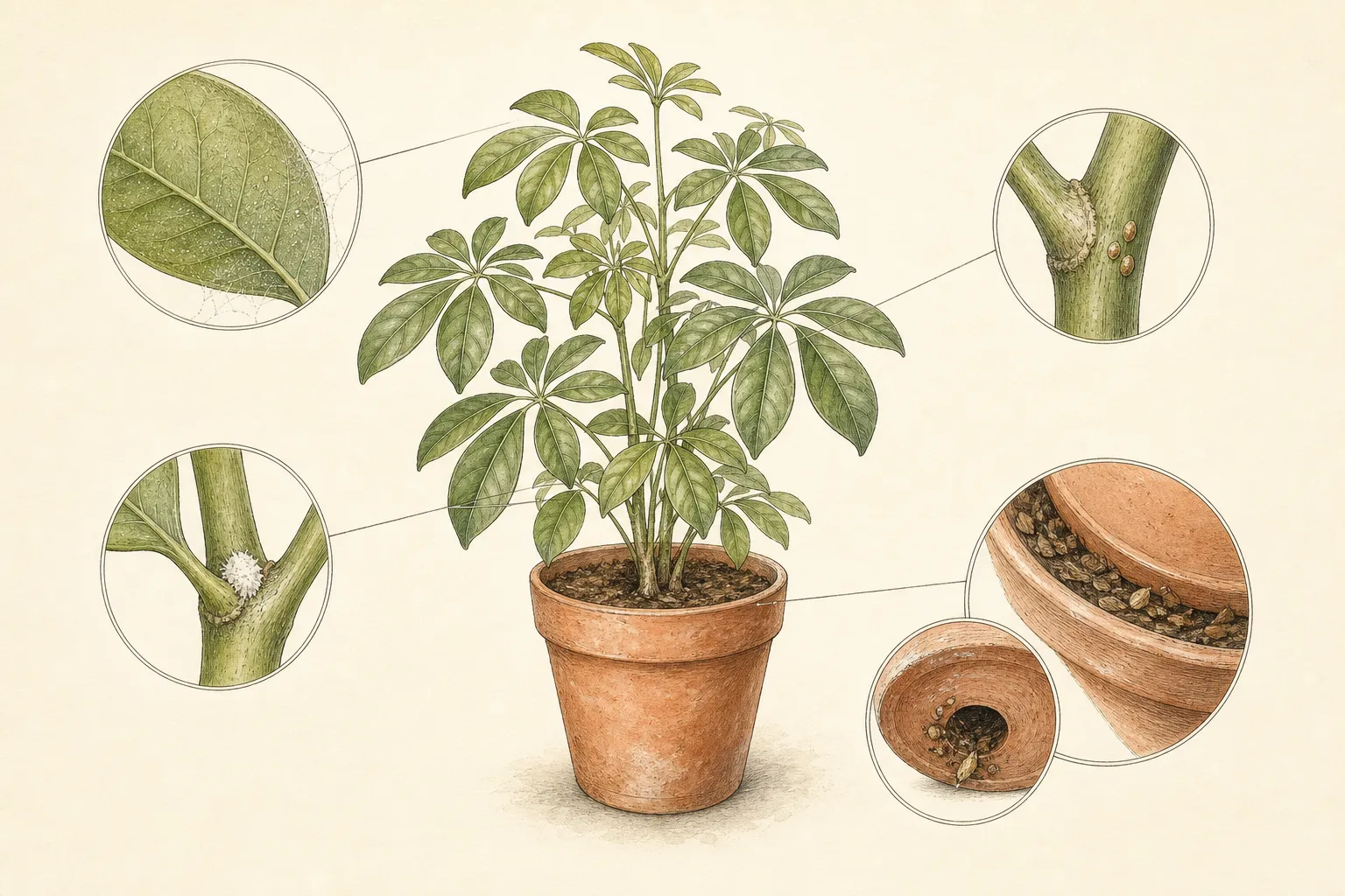 A potted tropical foliage plant with enlarged views of a leaf underside, stem joint, pot rim, and drainage hole where pests can hide