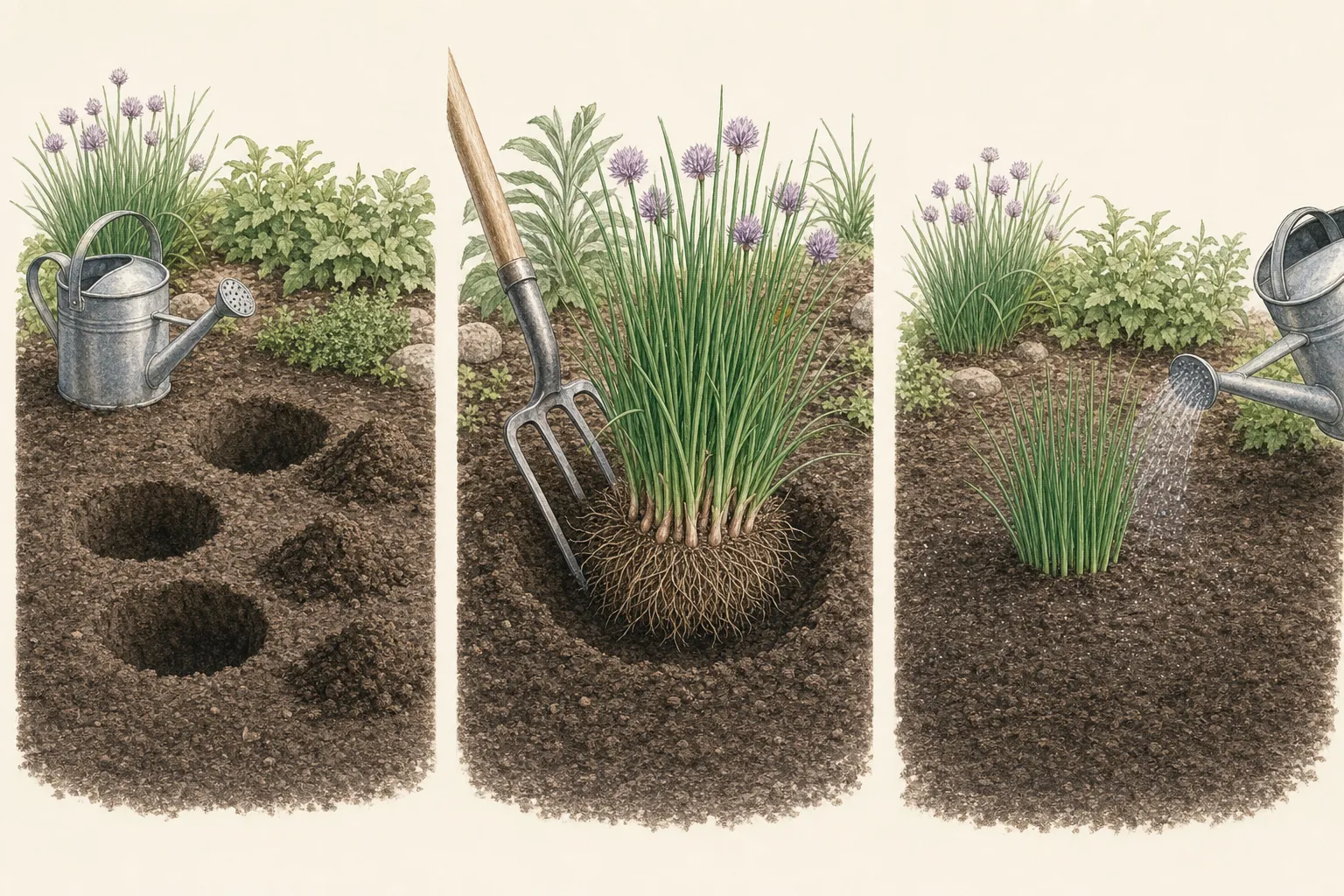 Three stages show three prepared holes, a garden fork lifting outside the chive crown and a fully backfilled division being watered at soil level