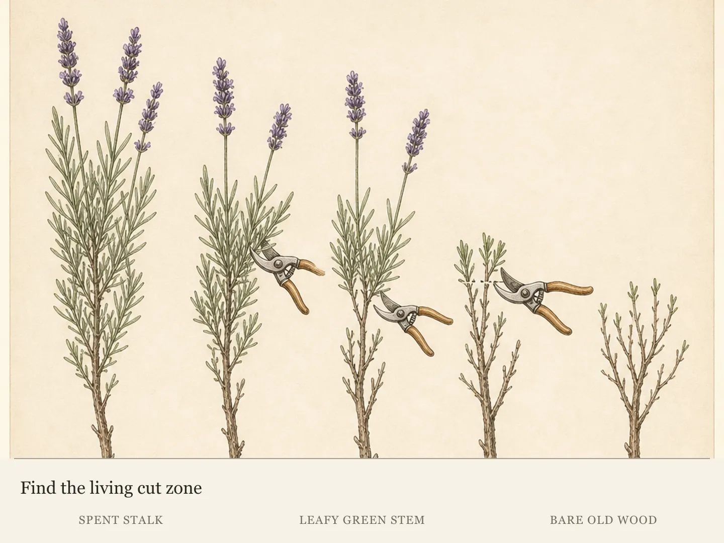 English lavender stems showing spent spikes, flexible leafy growth and the transition to rigid bare old wood