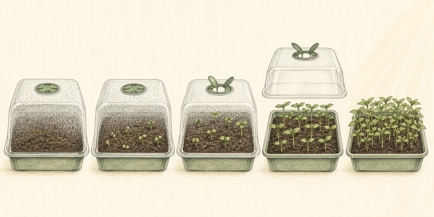 Sequence from closed germination cover to vented emergence, partially opened acclimation, and uncovered flower seedlings