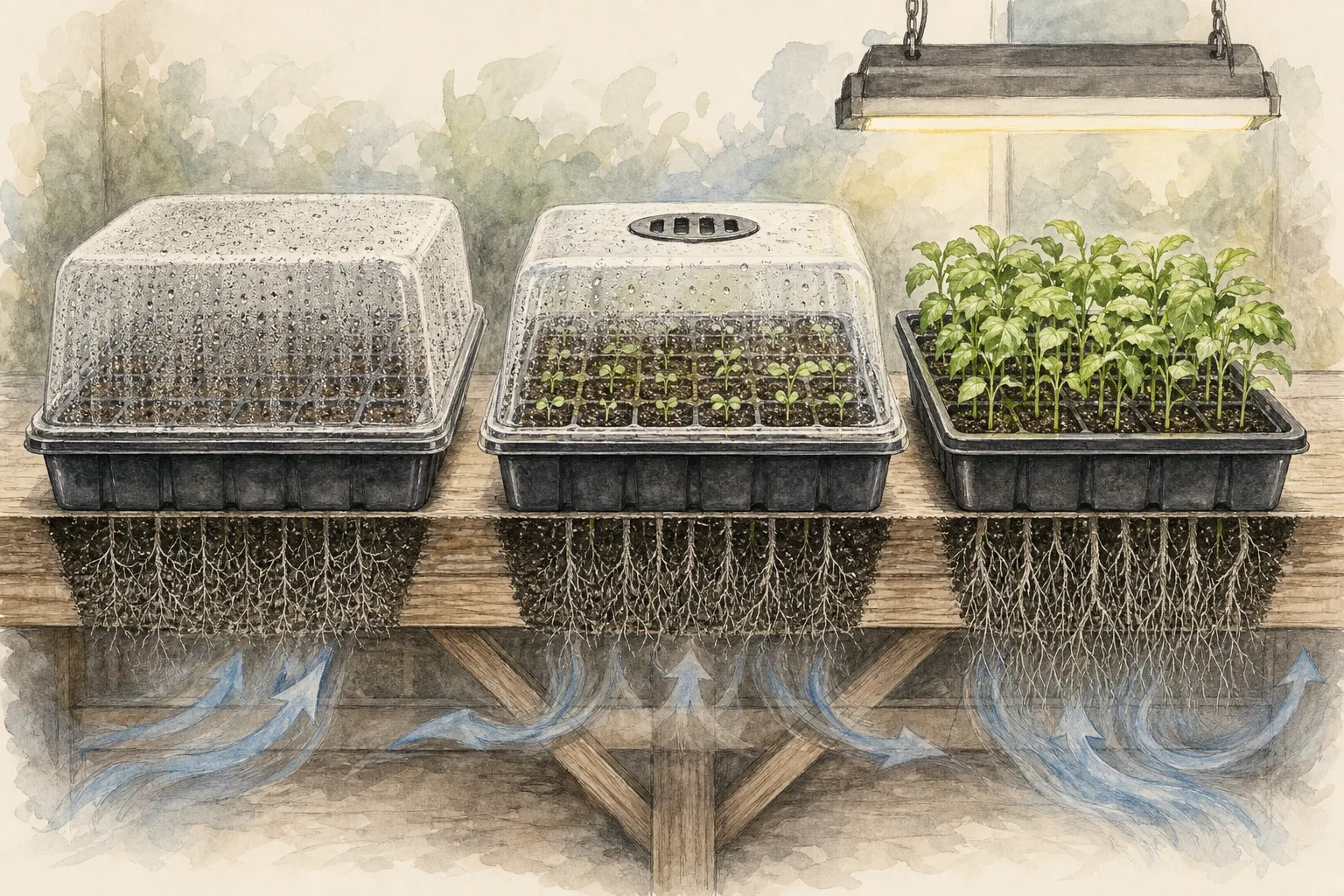 Propagation tray with clear dome, adjustable vents, leaf clearance, drainage, thermometer, and condensation patterns