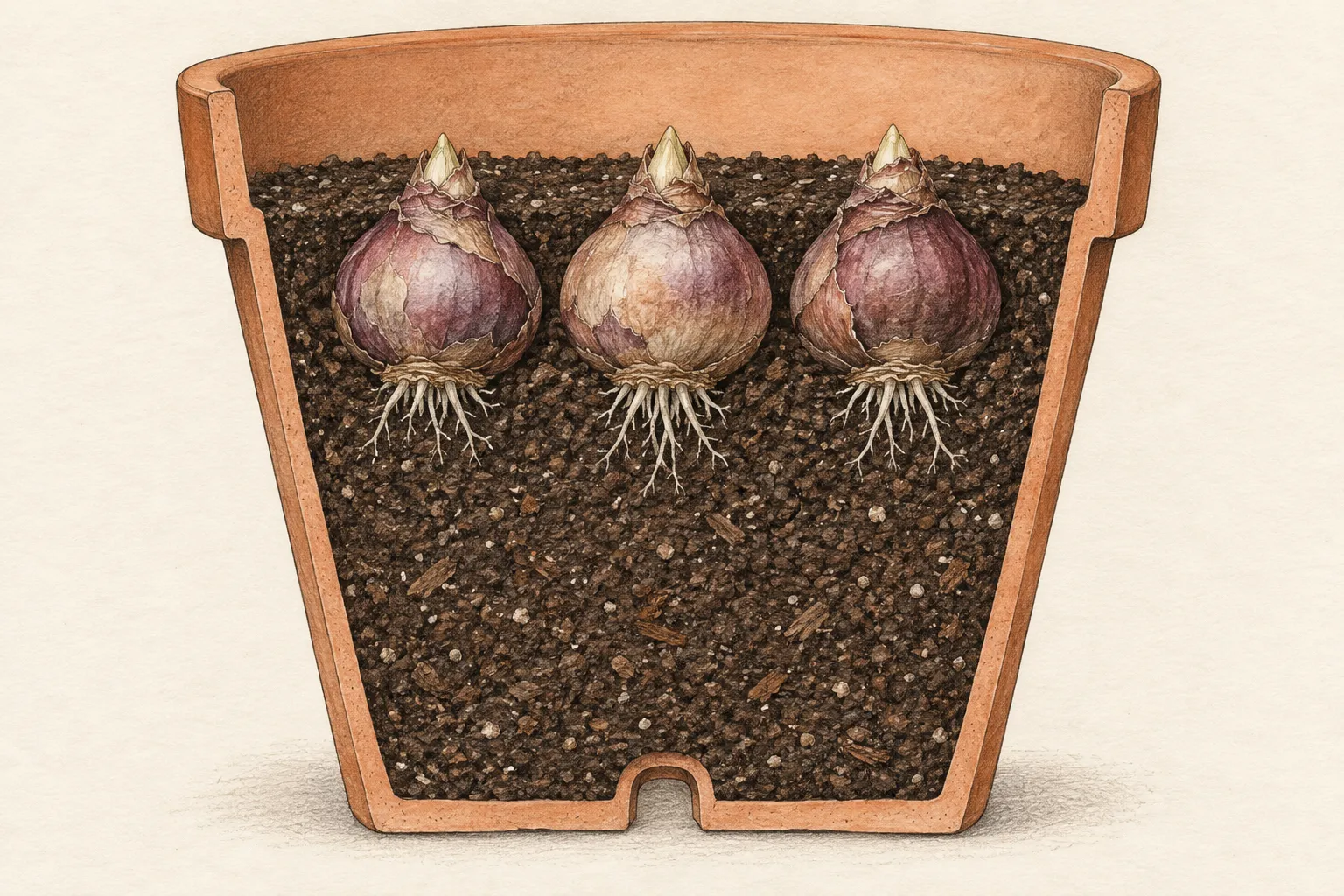 Section through a terracotta pot with three hyacinth bulbs, exposed noses, watering headroom, roots below the bases and an open drainage hole