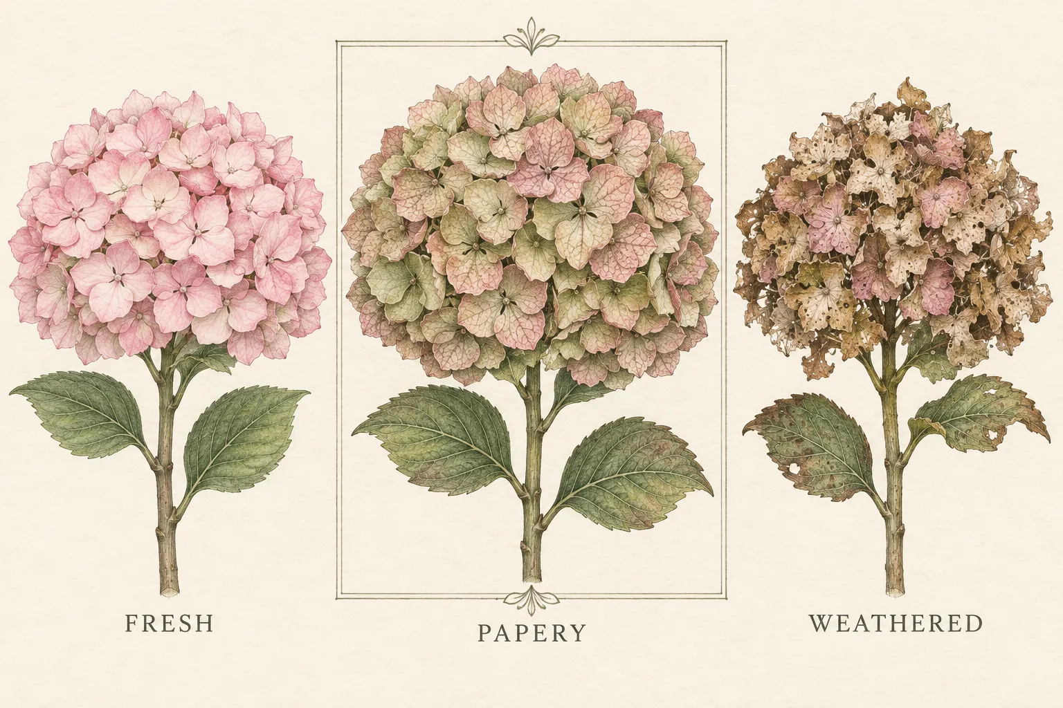 Three rounded hydrangea flowerheads compare fresh soft florets, an intact papery mature head and a damaged weathered head