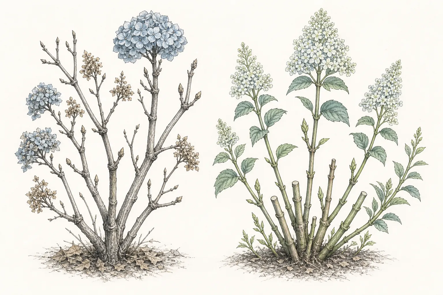 Comparison of old-wood hydrangea stems with overwintered flower buds and new-wood stems arising after spring cuts