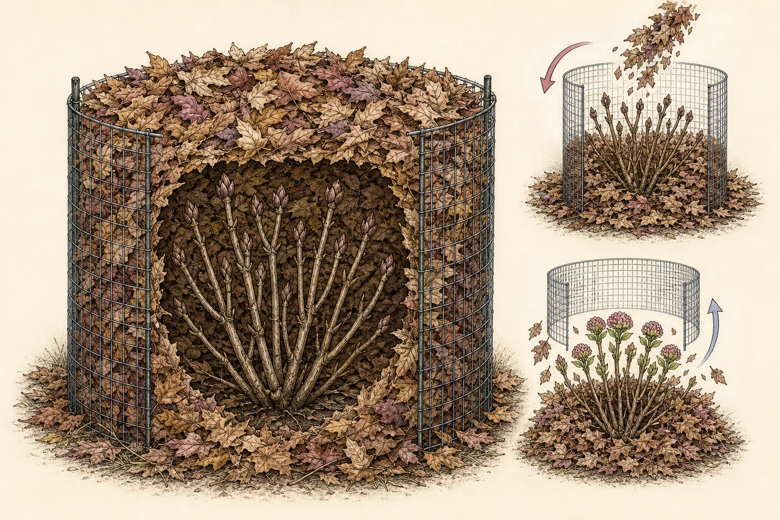 Cutaway drawing of a mesh cylinder set beyond a dormant bigleaf hydrangea and gently filled with fallen leaves around intact stem tips and buds, with spring removal at bud expansion