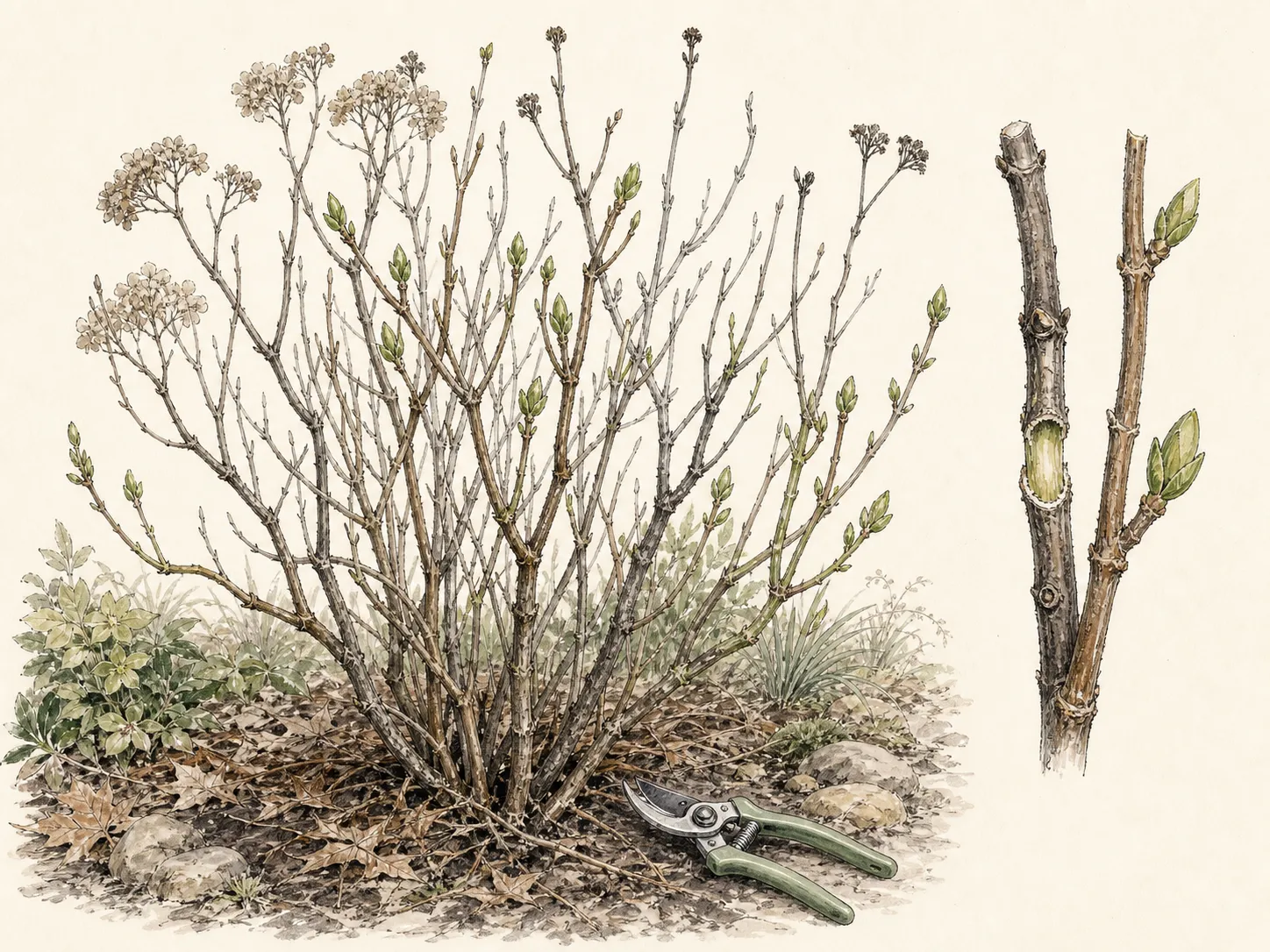 Mature spring hydrangea showing live buds, dead gray tips, weak stems and retained sound framework
