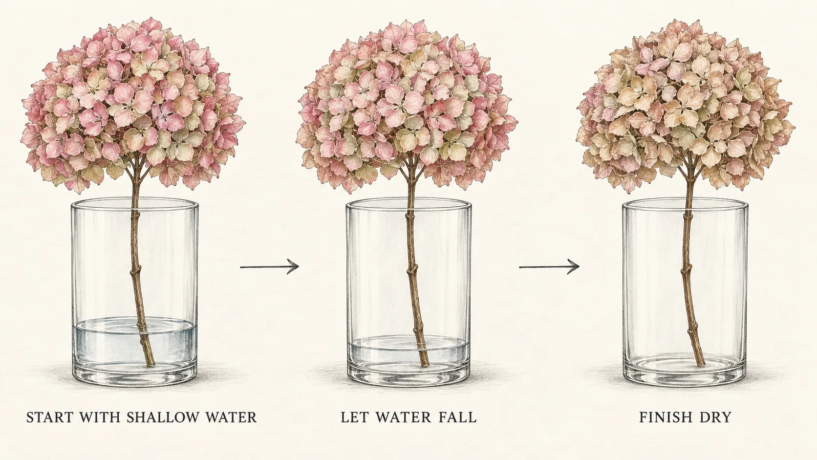 Three vases show a leafless mature hydrangea stem starting in shallow water, a falling waterline and a final empty dry vase