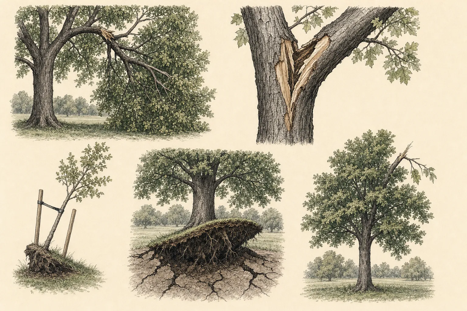 Diagnostic plate comparing a hanging branch, split scaffold union, tilted root plate, minor twig breakage, and a bent but intact young ornamental tree after ice