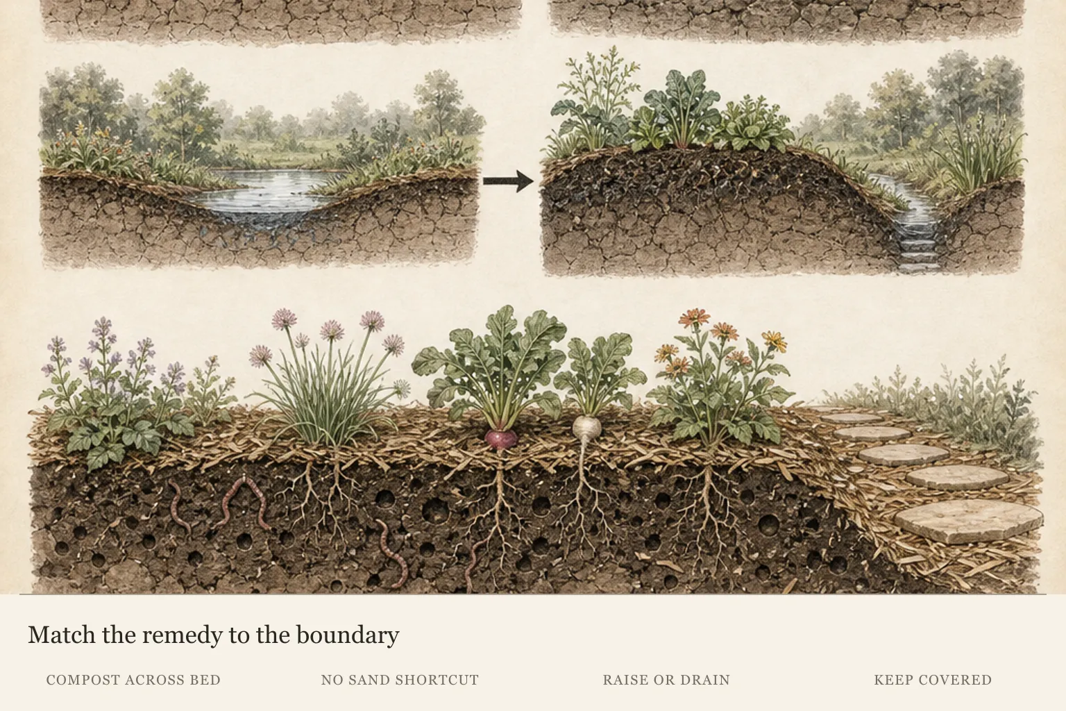 Clay-soil cross-sections comparing broad compost incorporation, a dense sand mix, drainage correction and protected rooted soil