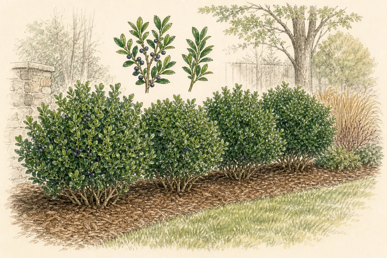 Garden placement study showing mature Inkberry Holly in an ornamental planting