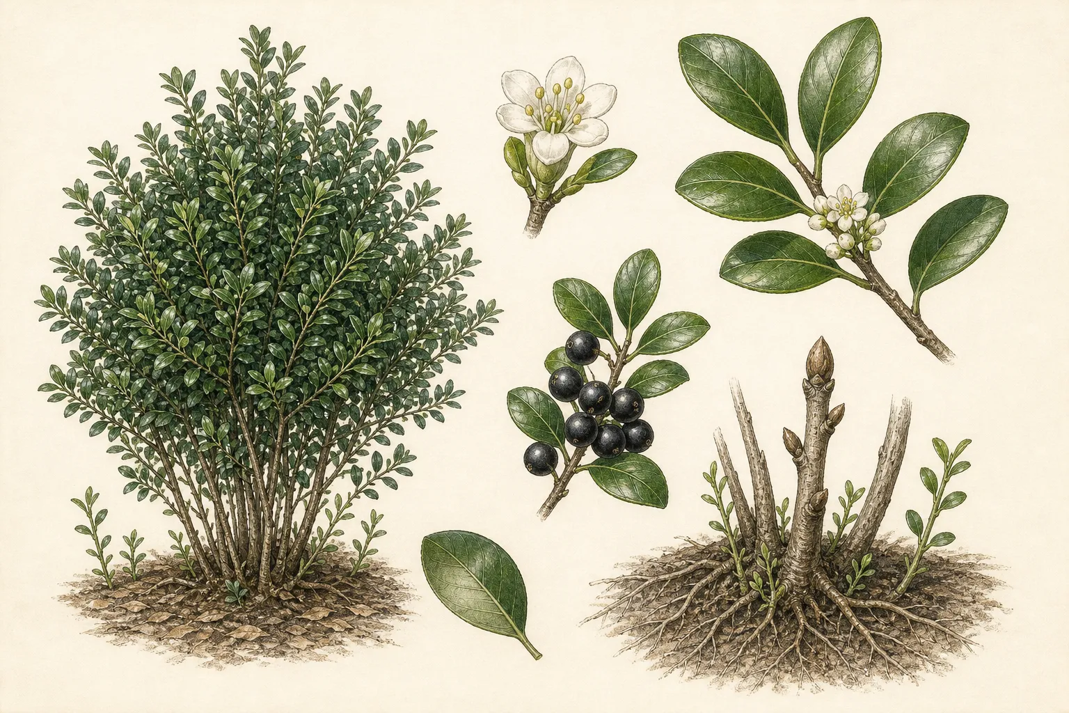 Botanical identification plate of Inkberry Holly, Ilex glabra