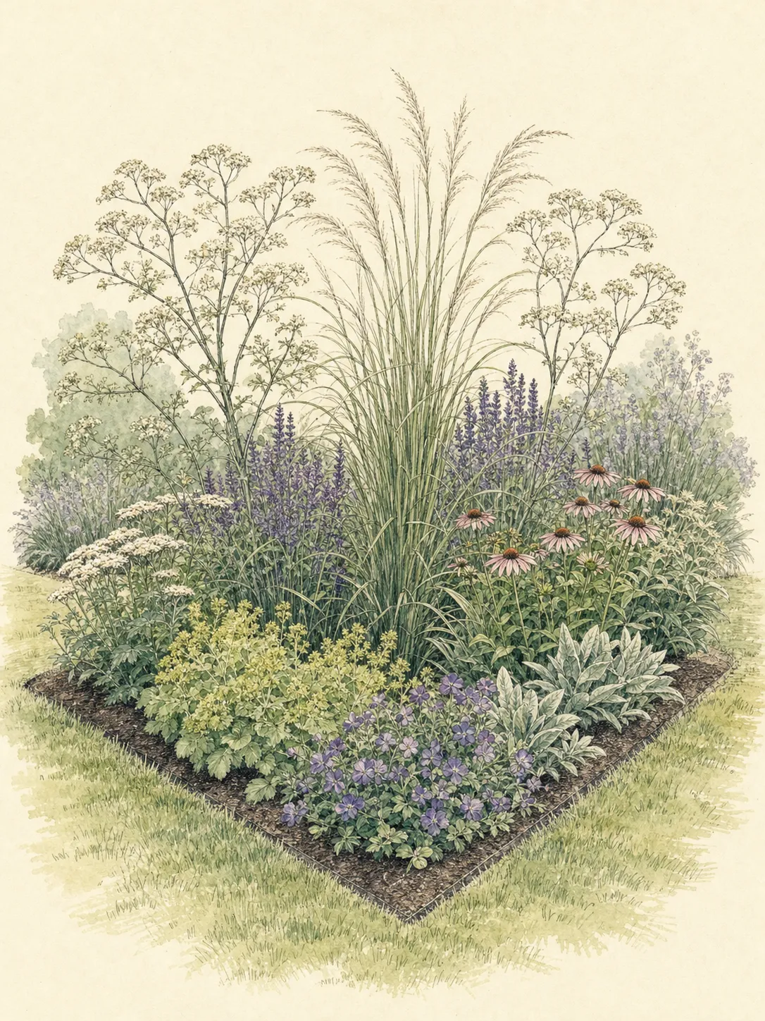 Eye-level island bed with airy grasses and branching perennials revealing lower flowers through the center