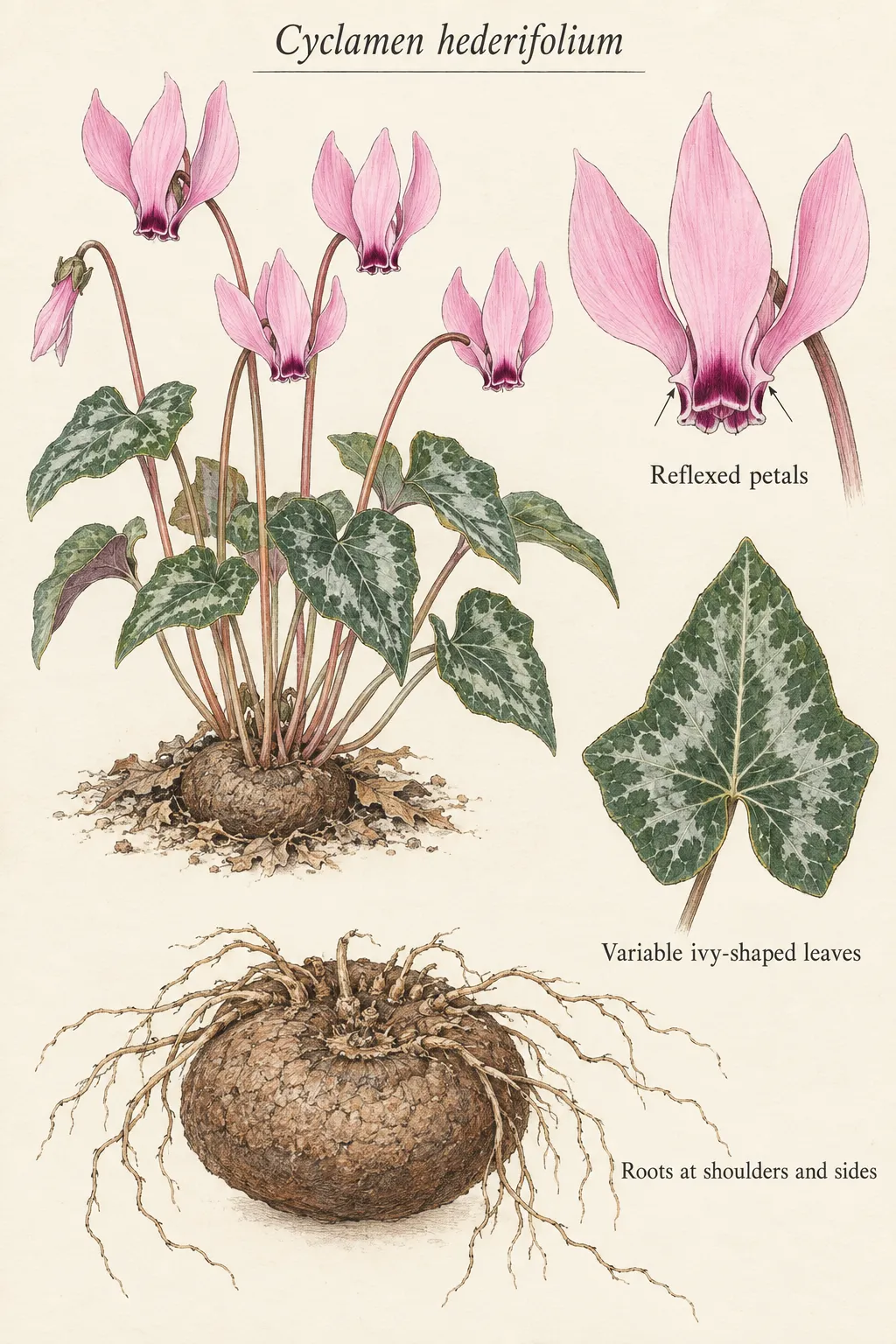 Cyclamen hederifolium plate with reflexed pink flowers, angular marbled leaves and a separate tuber with roots around its shoulders