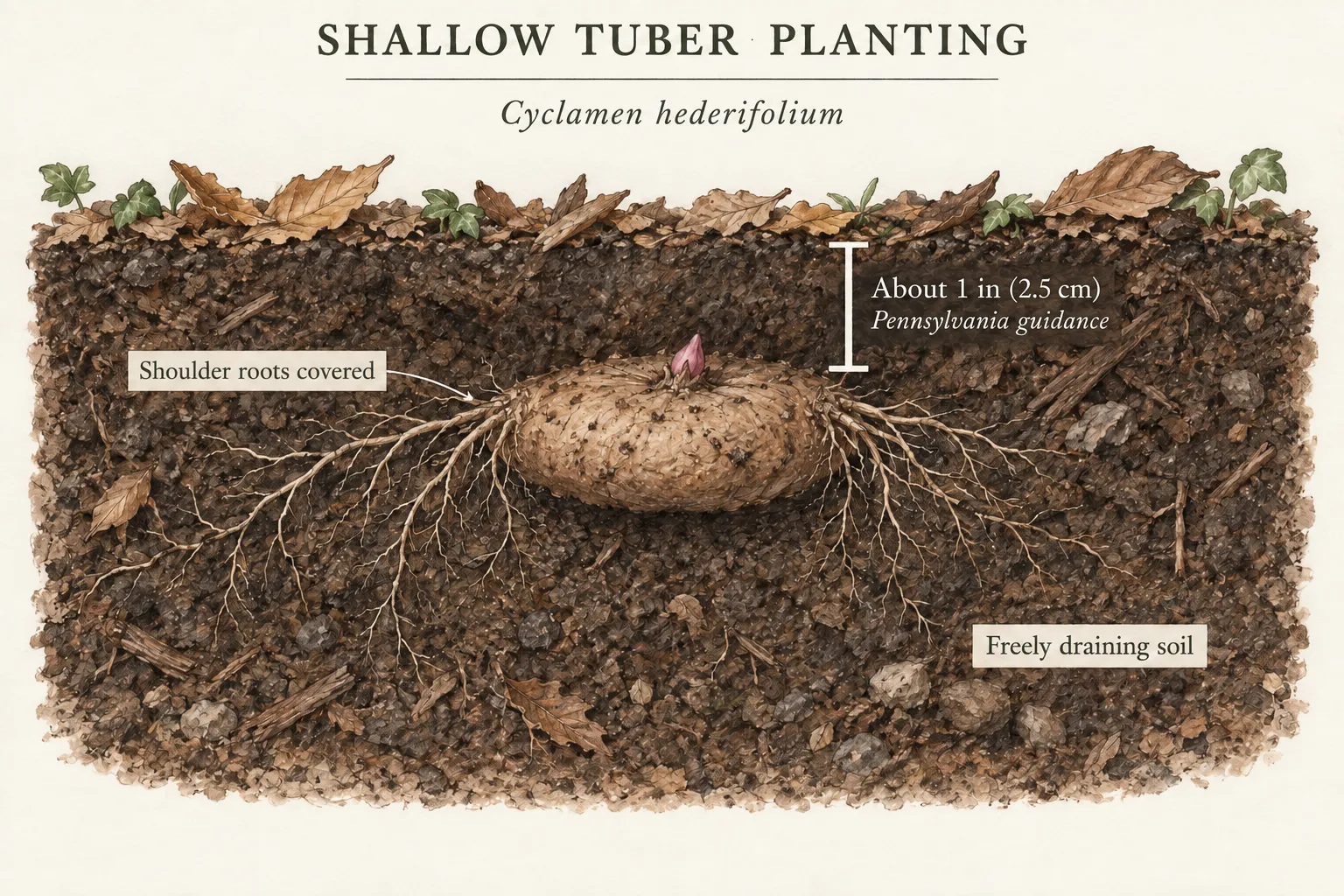 Shallow Cyclamen hederifolium tuber planting section with covered shoulder roots and about one inch of soil above the tuber