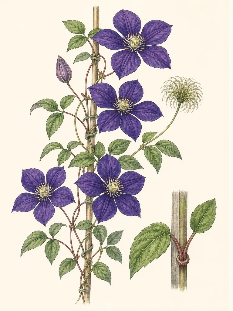 Botanical study of Jackmanii clematis showing four broad violet sepals, pale anthers, compound leaves, twining leaf stalks, and a plumed seed head