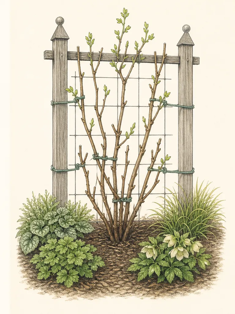 Seasonal structure study compares a late-flowering Jackmanii stem cut to low healthy buds with a retained framework used when a labeled plant is managed as group two