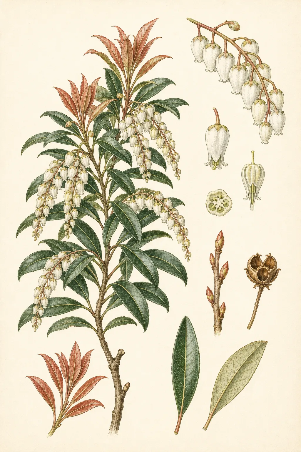 Botanical plate of Japanese andromeda with white urn-shaped flower panicles, evergreen leaves, red-bronze new growth, buds, and capsule