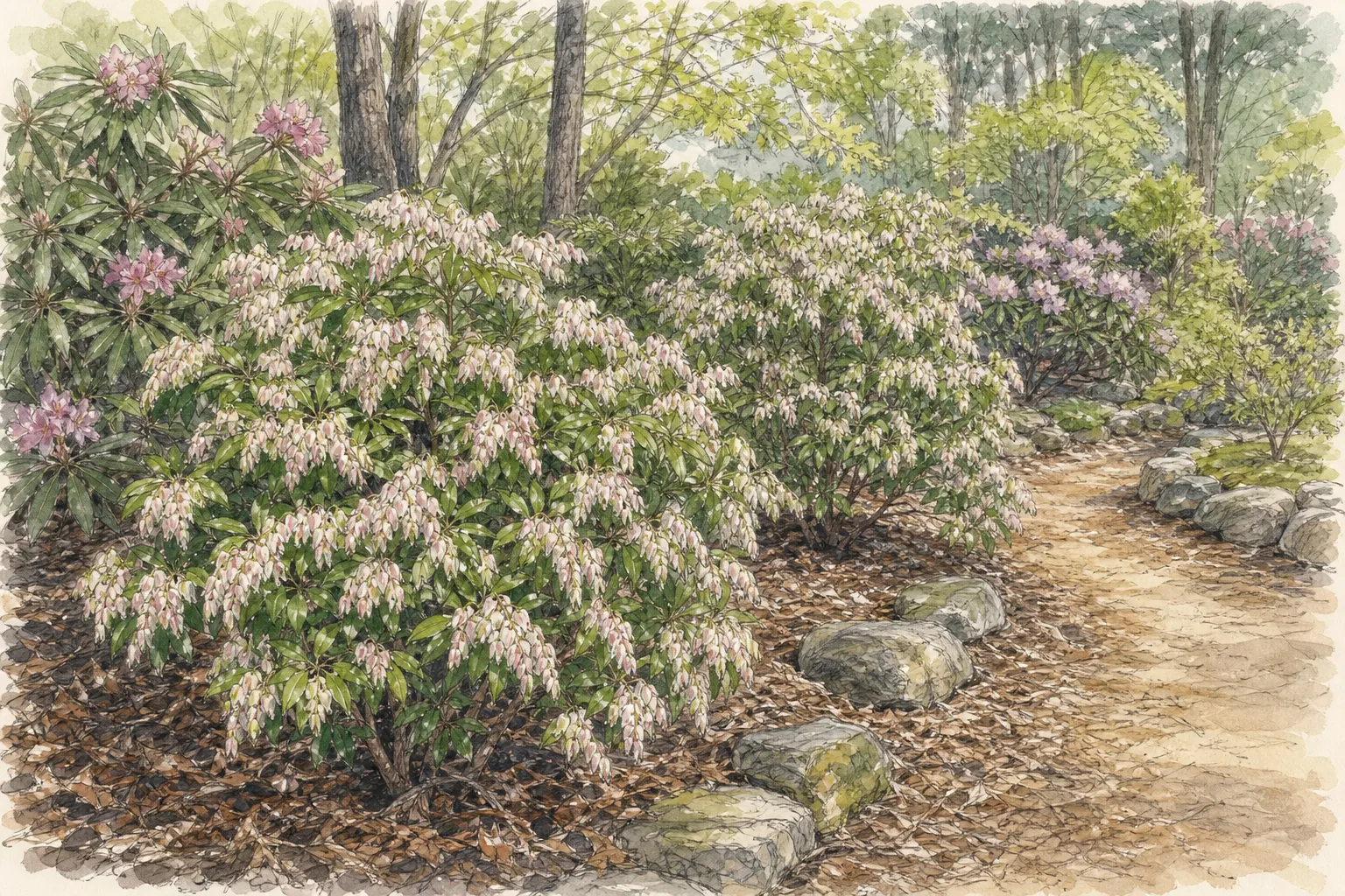 Mature Japanese andromeda shrubs in a sheltered acidic woodland-edge border with dappled light and leaf-mold surface