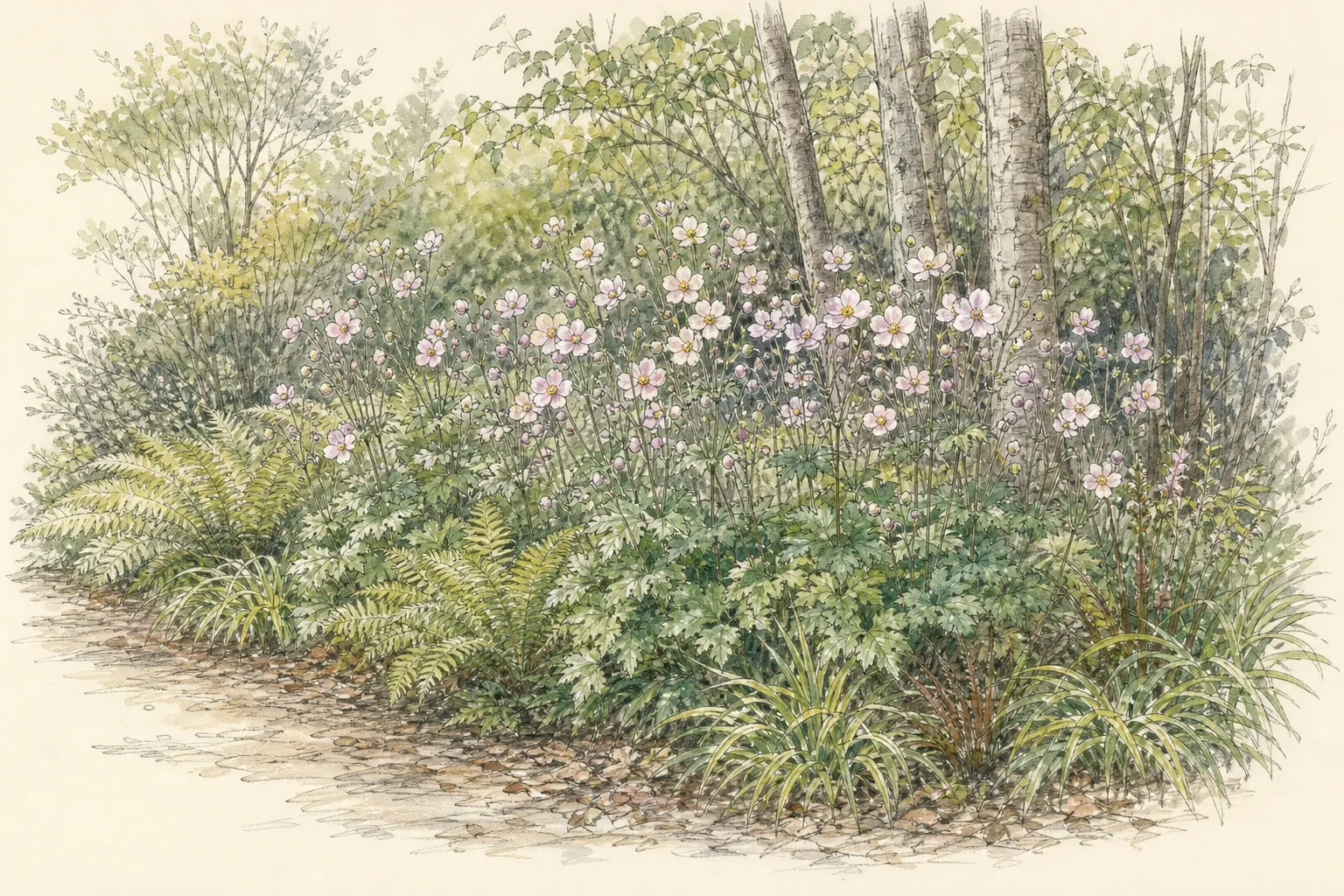 Garden placement study showing mature Japanese Anemone in an ornamental planting