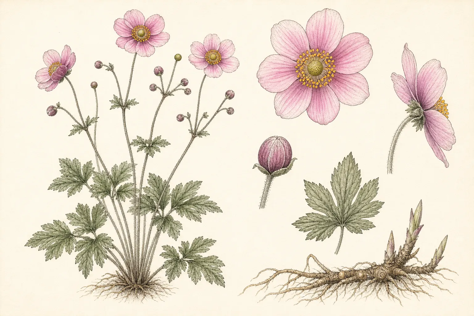 Botanical identification plate of Japanese Anemone, Anemone hupehensis