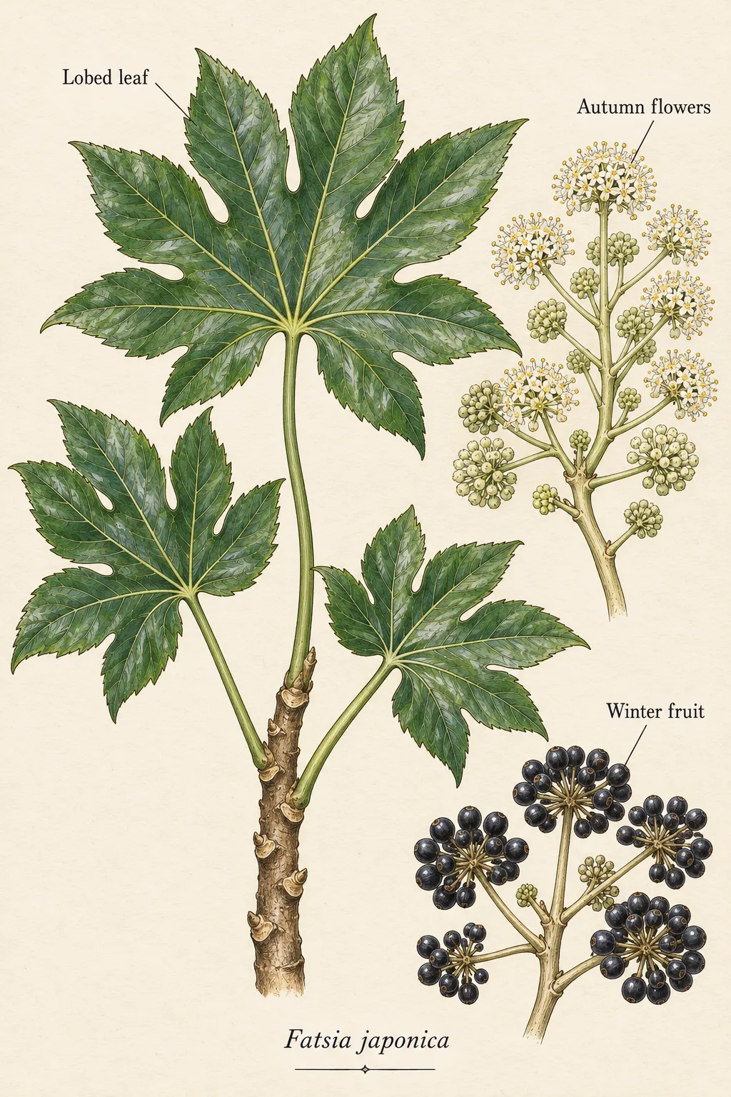 Fatsia japonica stem with alternate simple lobed leaves beside separate studies of white autumn umbels and black winter fruit