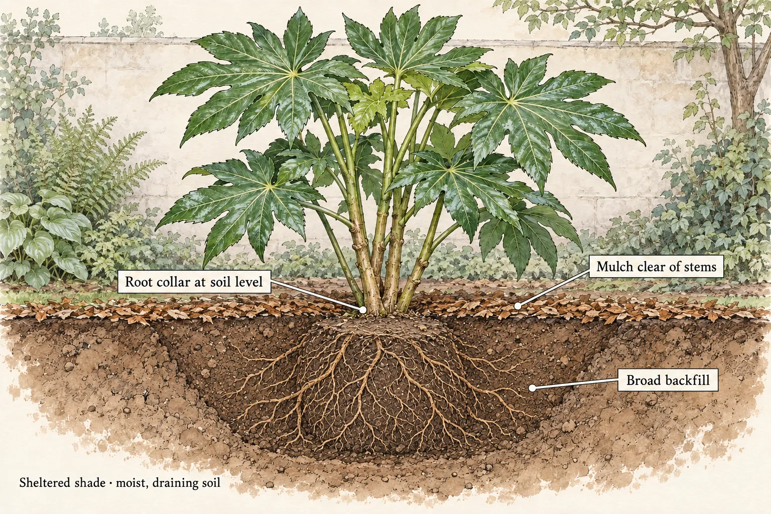 A young Fatsia japonica in a broad backfilled planting hole with its root collar at ground level and mulch clear of the stems