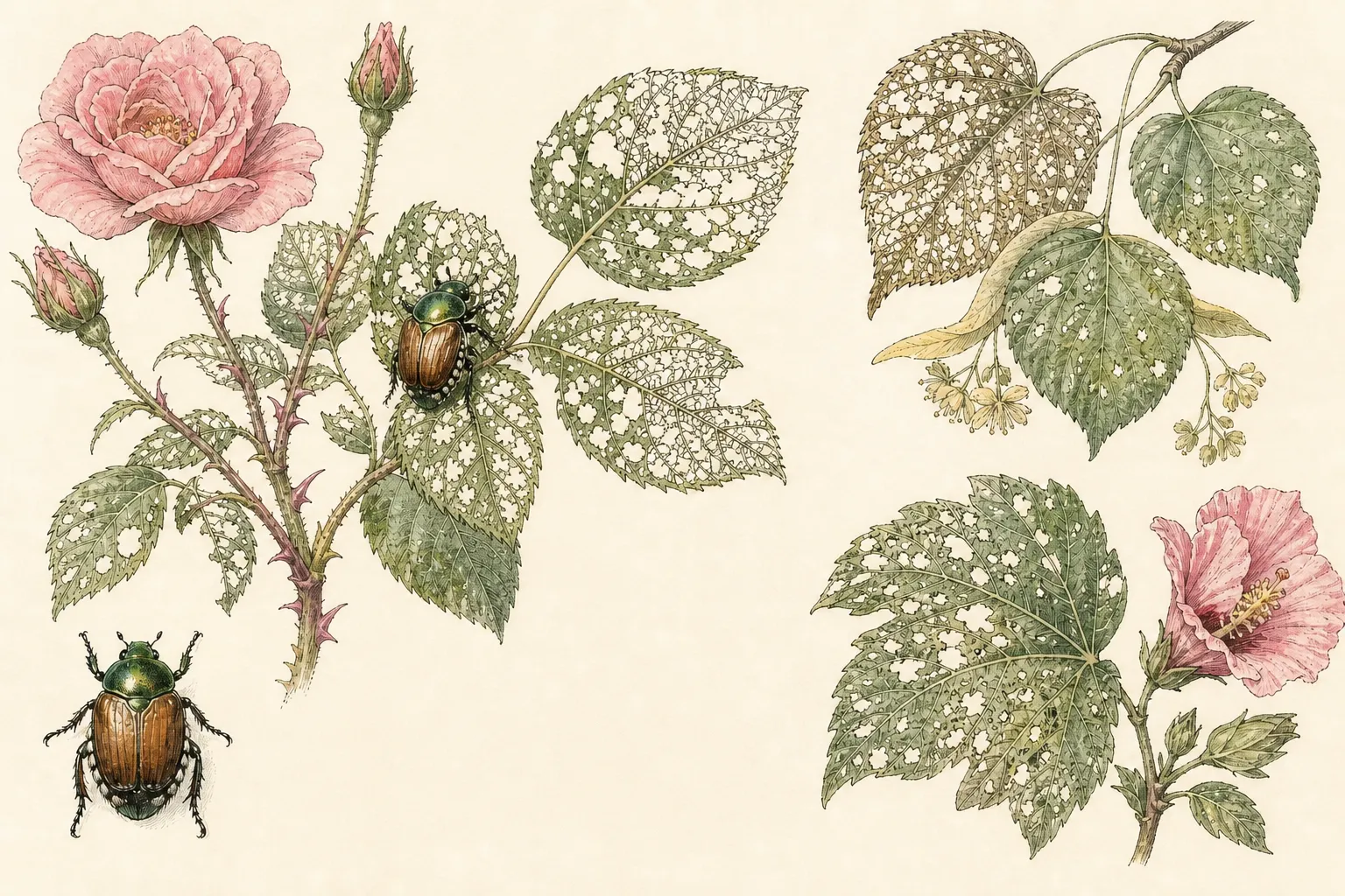A single metallic green and copper Japanese beetle appears beside skeletonized rose leaves while similar feeding on linden and hibiscus foliage is shown without insect swarms