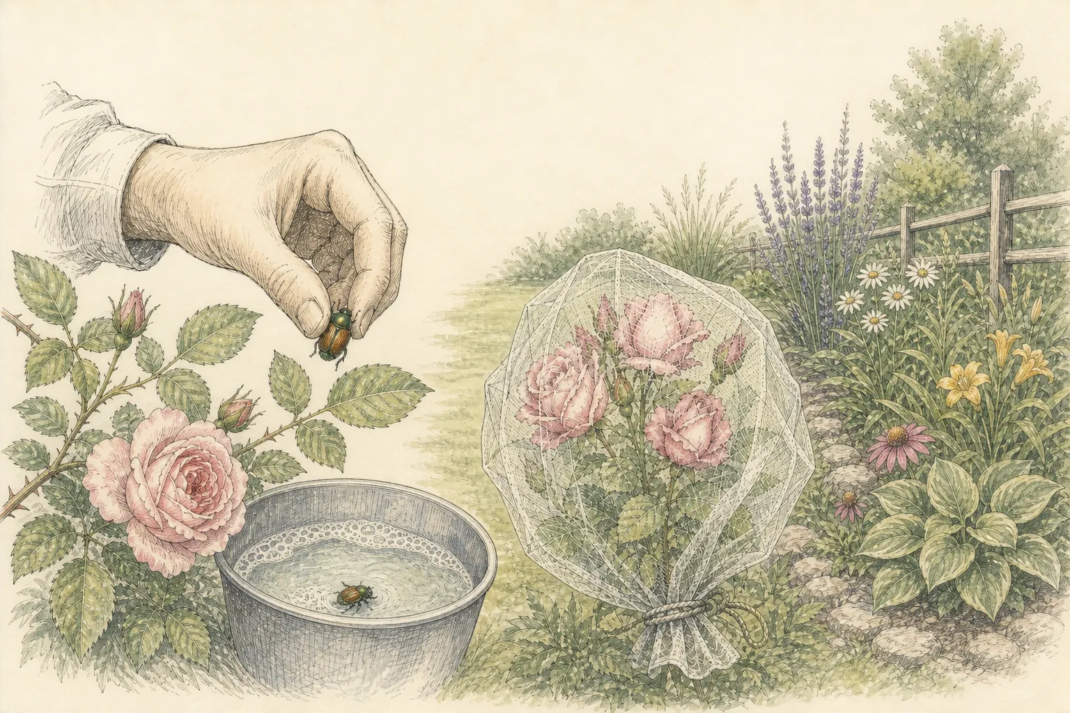One Japanese beetle is removed by hand into soapy water while a small flowering rose is enclosed in fine netting and nearby pollinator plants remain open