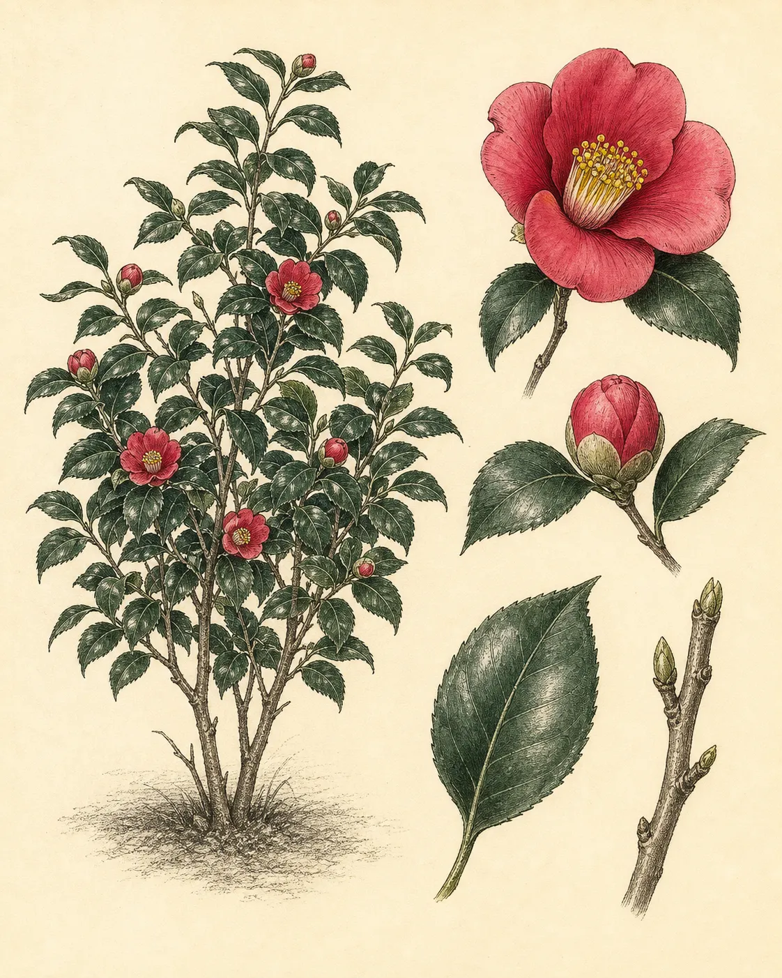 Botanical plate of Japanese camellia showing evergreen habit, glossy serrated leaves, flower forms, buds and seed capsule