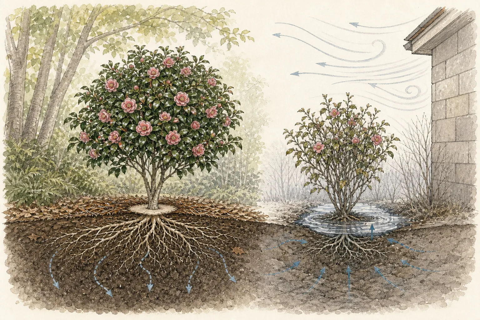 Garden section showing a Japanese camellia in high shade with shelter from drying wind and a shallow mulched root zone
