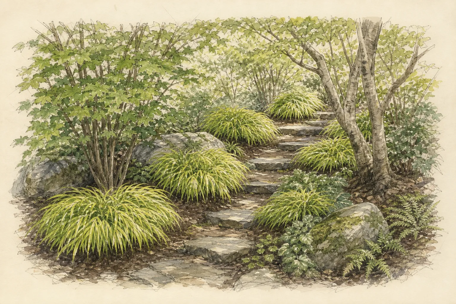 Garden placement study showing mature Japanese Forest Grass in an ornamental planting