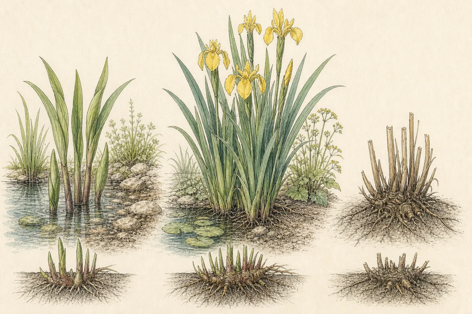 Garden study showing the placement and growth habit of Japanese Iris