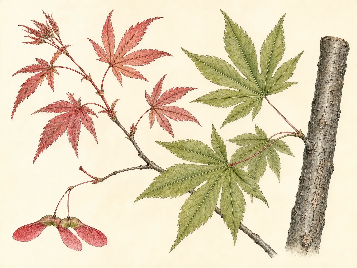 Botanical plate of Japanese maple with palmate leaf forms, small spring flowers, paired samaras, winter twig and layered silhouette