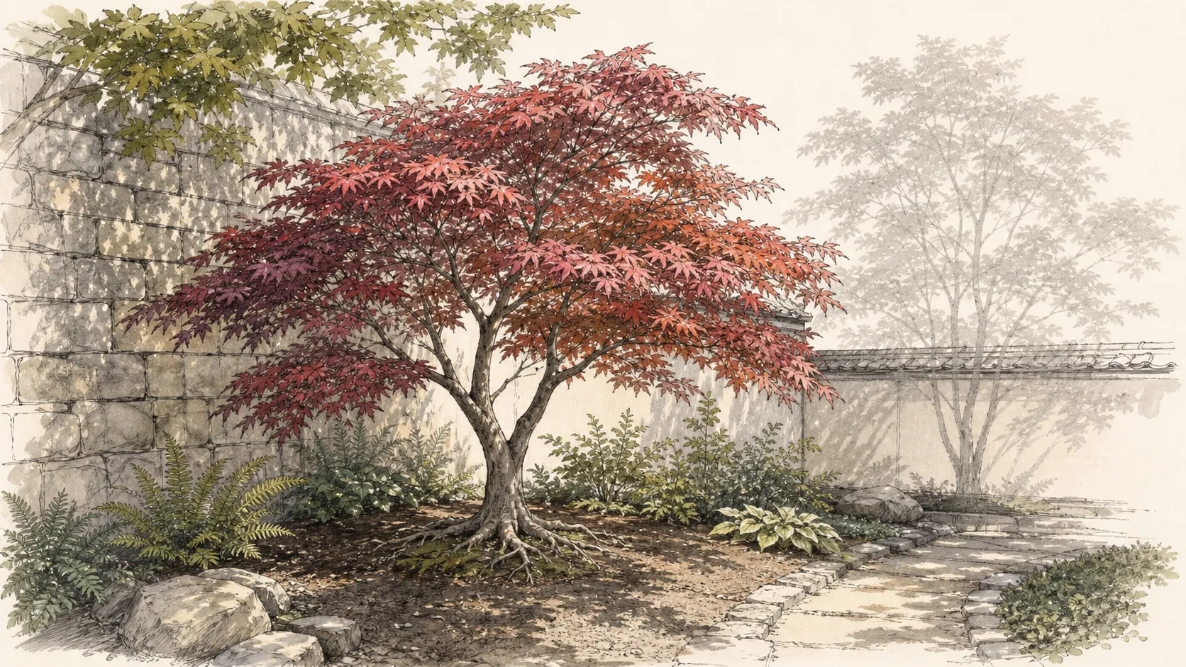 Garden section placing a Japanese maple in filtered afternoon shade with wind shelter, open root flare, cool mulch and building clearance