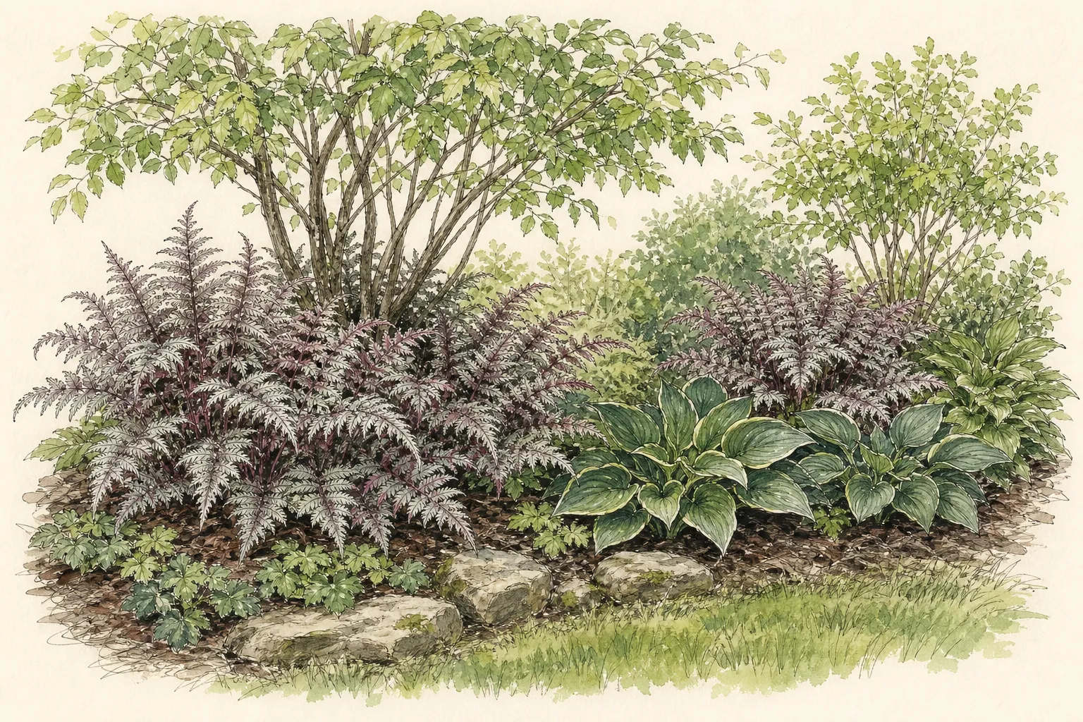 Garden placement study showing mature Japanese Painted Fern in an ornamental planting