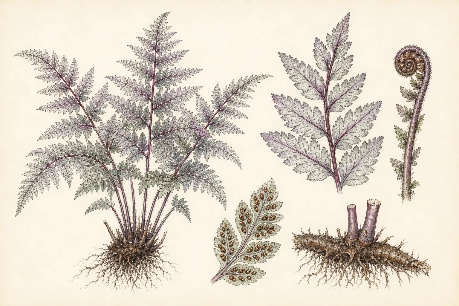 Botanical identification plate of Japanese Painted Fern, Athyrium niponicum