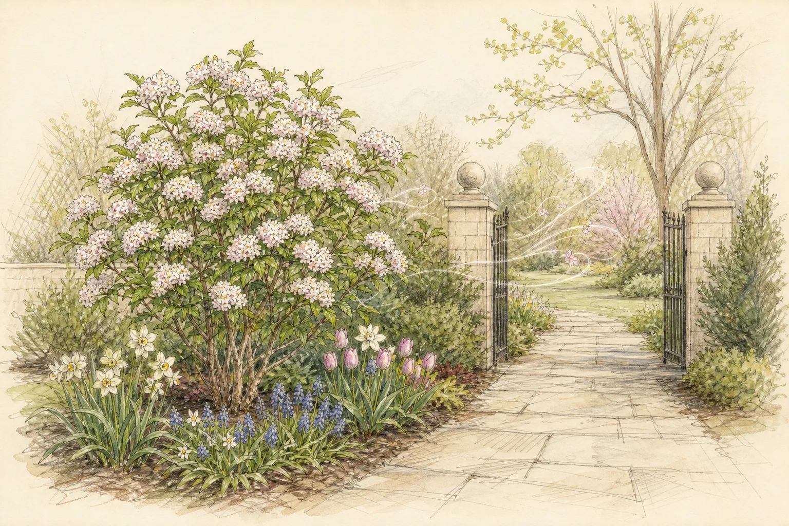 Garden placement study showing mature Koreanspice Viburnum in an ornamental planting