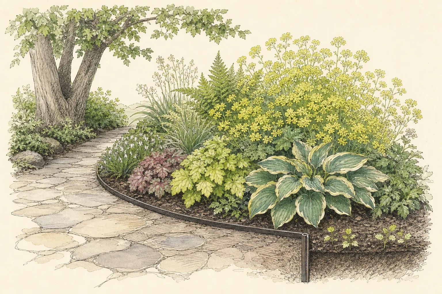 Garden study showing the placement and growth habit of Lady’s Mantle