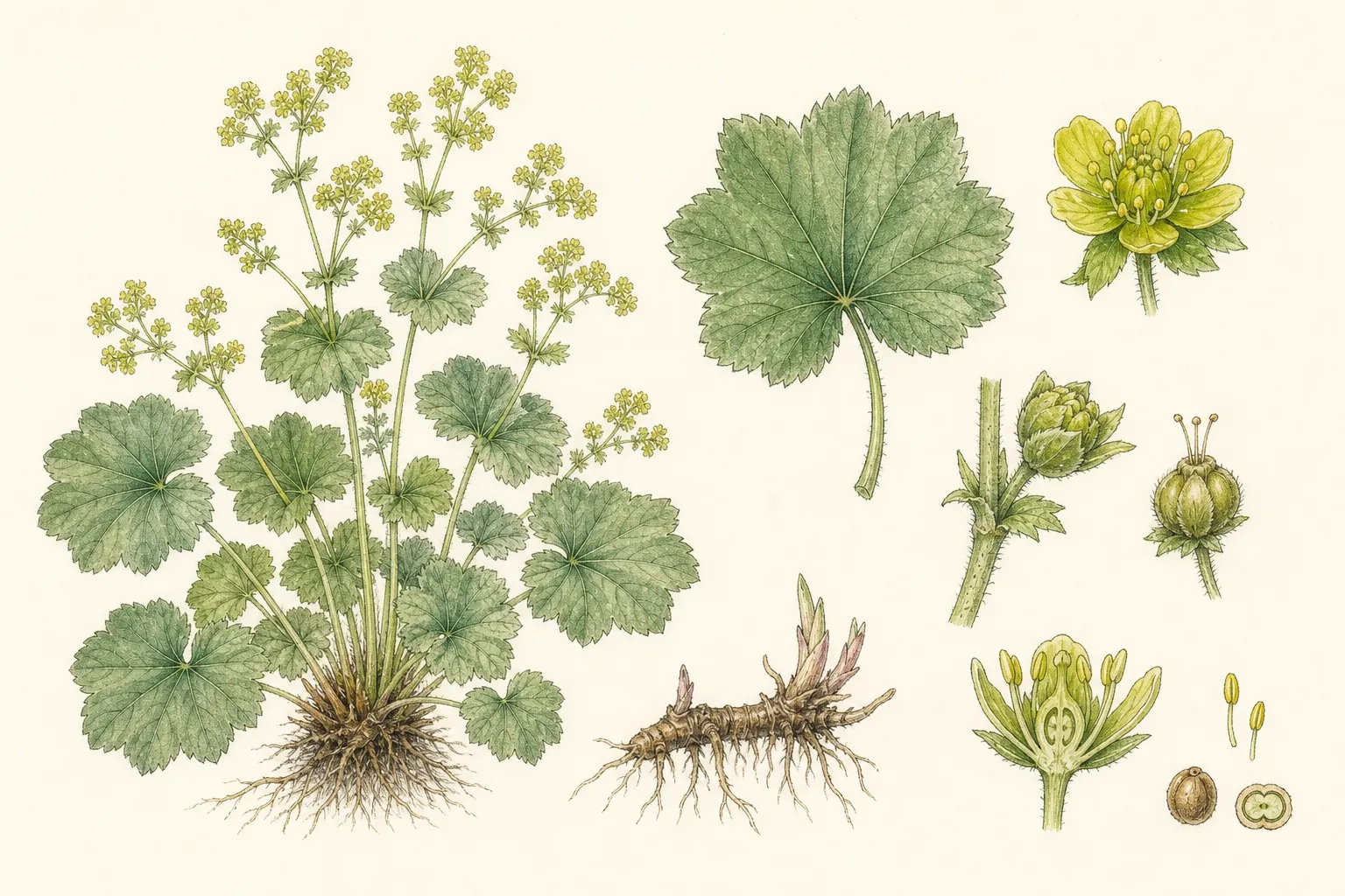 Botanical identification plate of Lady’s Mantle, Alchemilla mollis