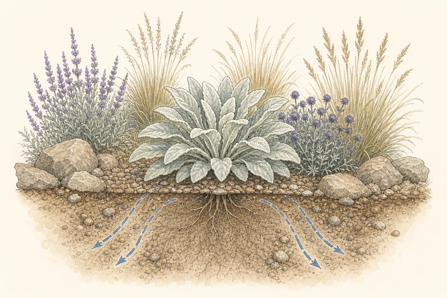 Garden study showing the placement and growth habit of Lamb’s Ear