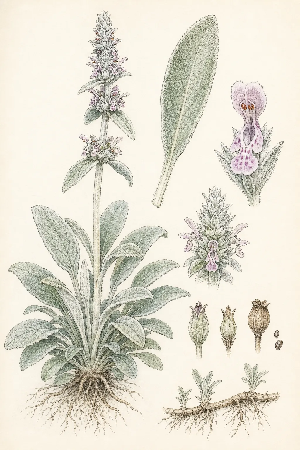 Botanical identification plate of Lamb’s Ear, Stachys byzantina