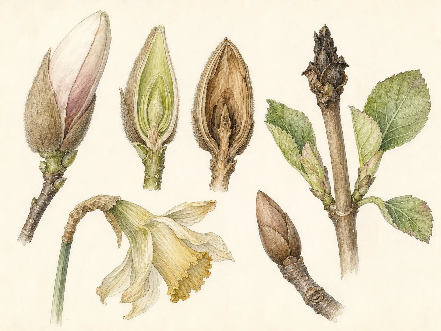Botanical comparison of viable and frost-injured magnolia buds, hydrangea shoots and daffodil flowers