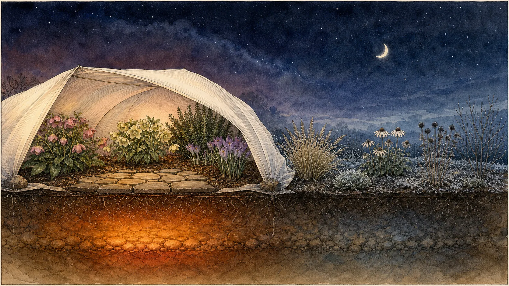 Night cross-section comparing protected plants over warm soil with exposed flowers losing heat to a clear sky