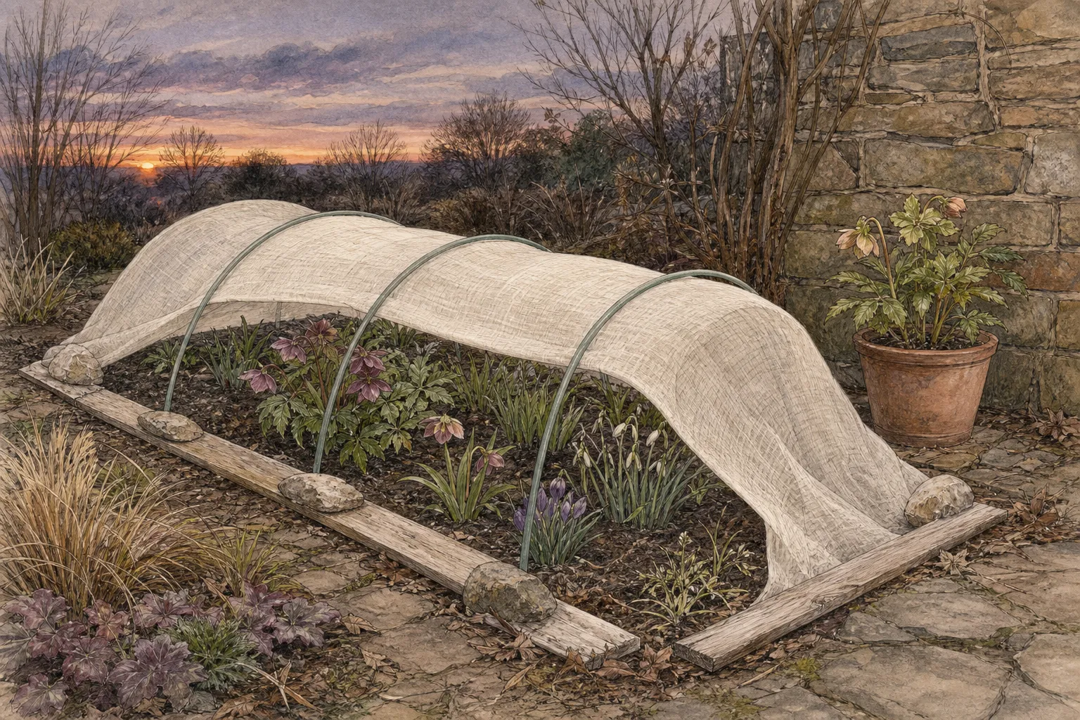 Supported frost cloth tent above emerging ornamental plants with sealed ground edges and a moved container near shelter