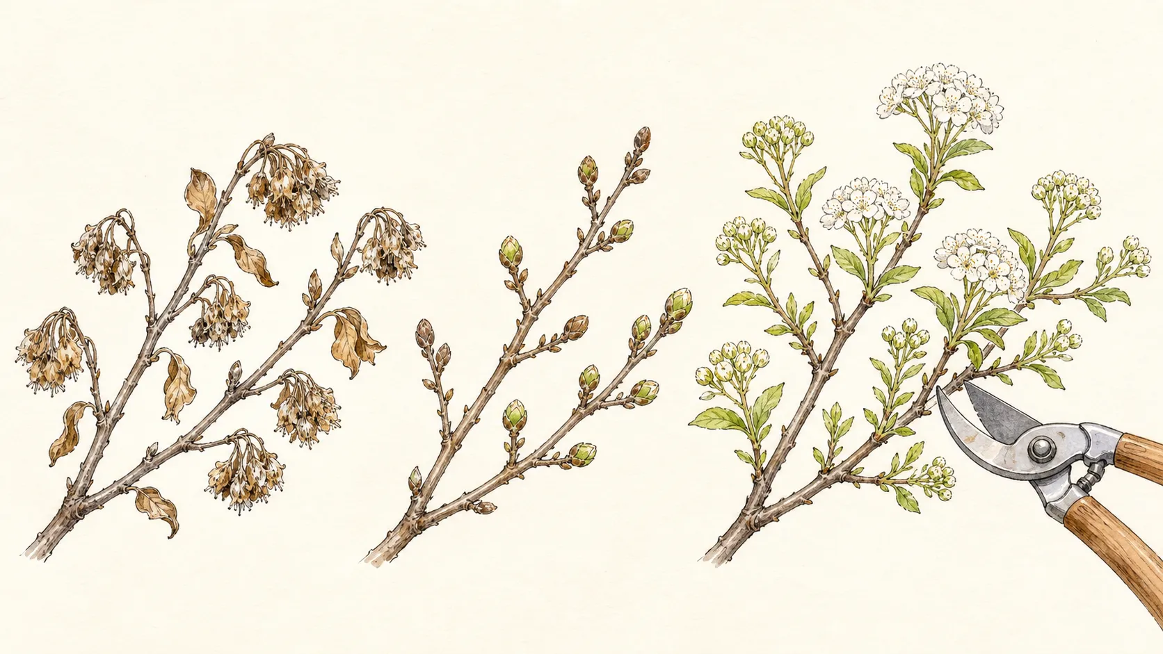 Branch sequence from frost-browned tips through bud observation to selective pruning above new shoots